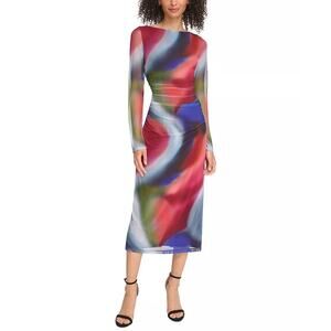 Vince Camuto Ruched Mesh Midi Bodycon Dress Long Sleeve Multi Size16 NWOT